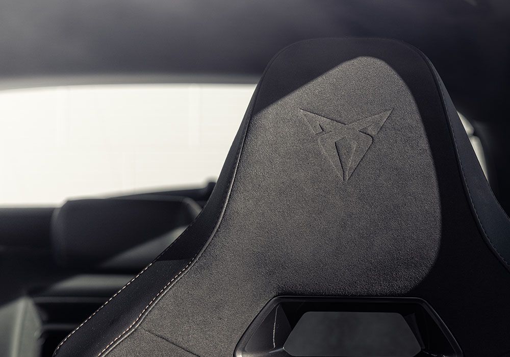 Close up photo of a CUPRA embossed Alcantara headrest