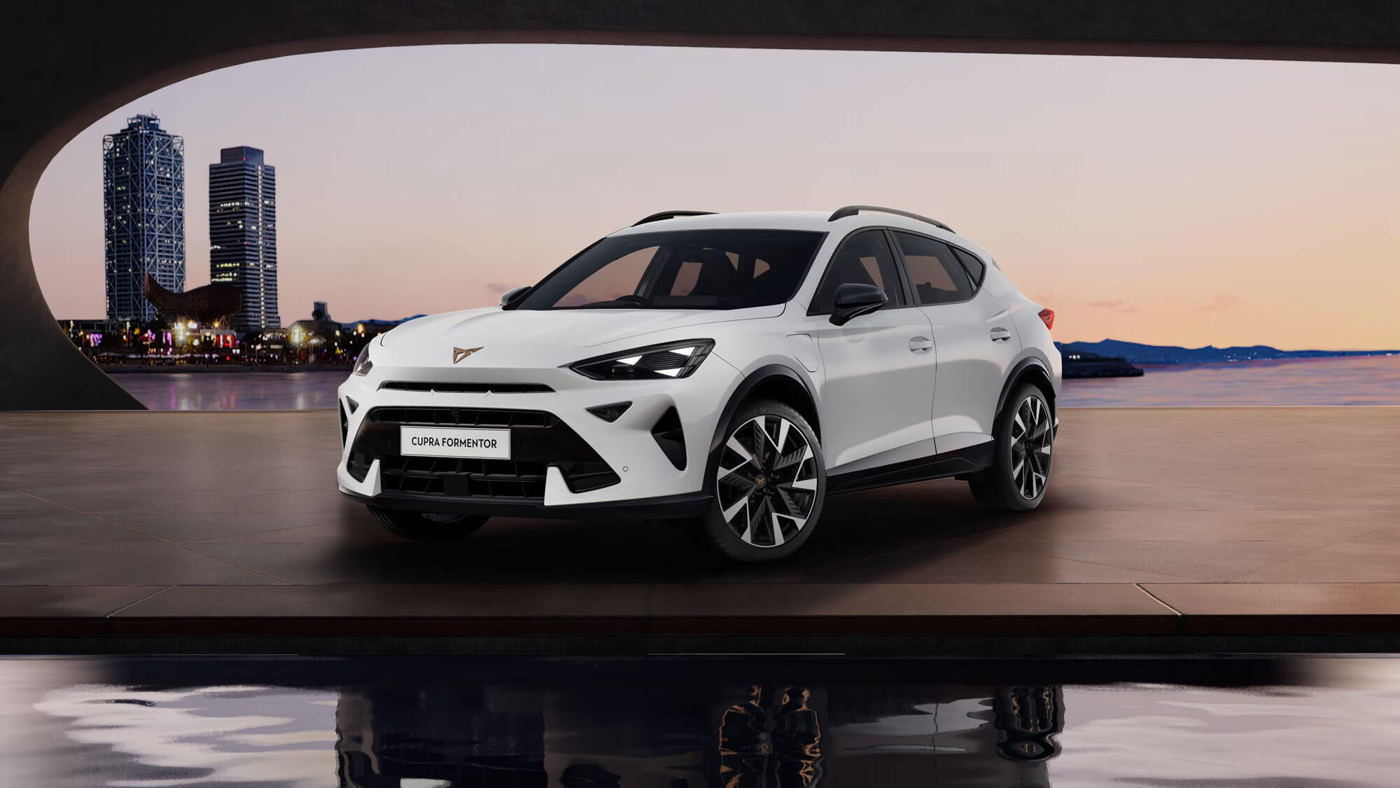 Front 3/4 render of a CUPRA Glacial White paint finish