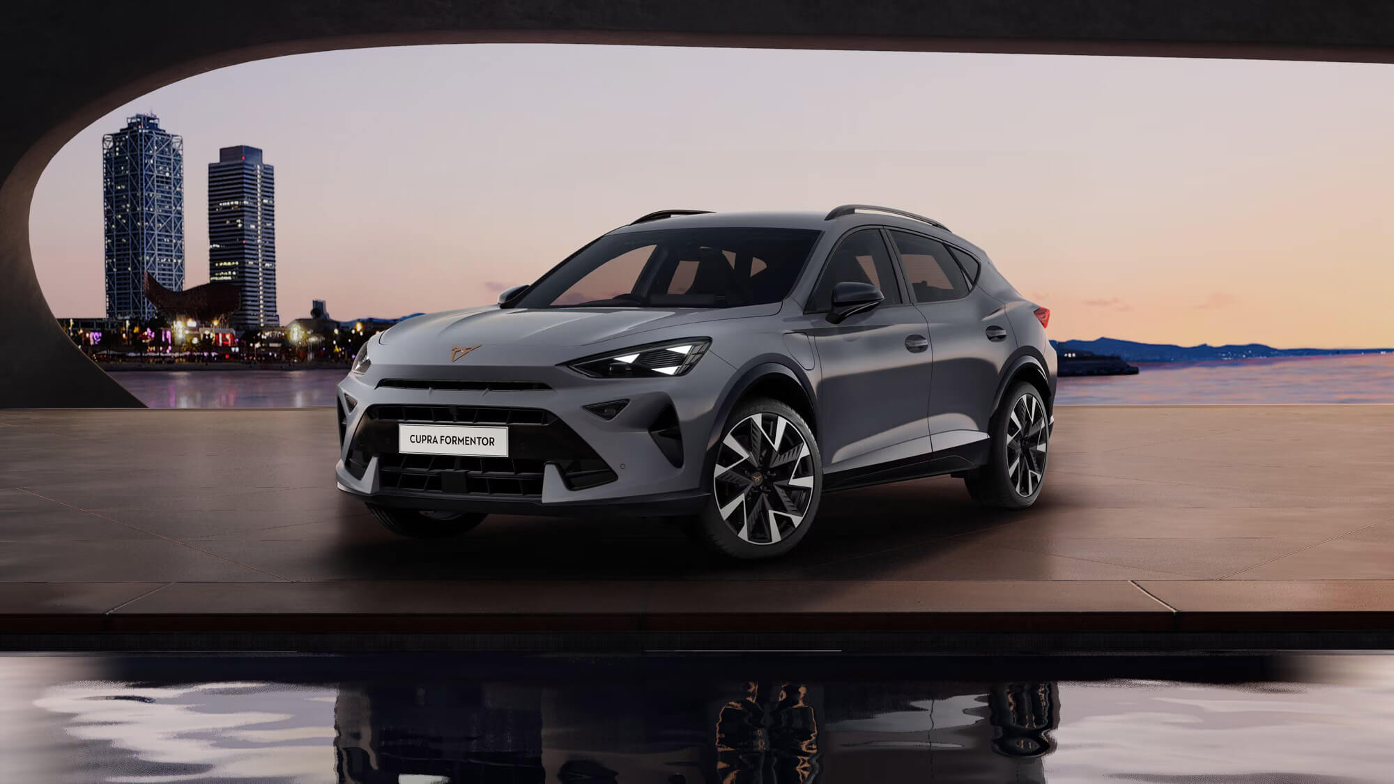 Front 3/4 render of a CUPRA Graphene Grey paint finish