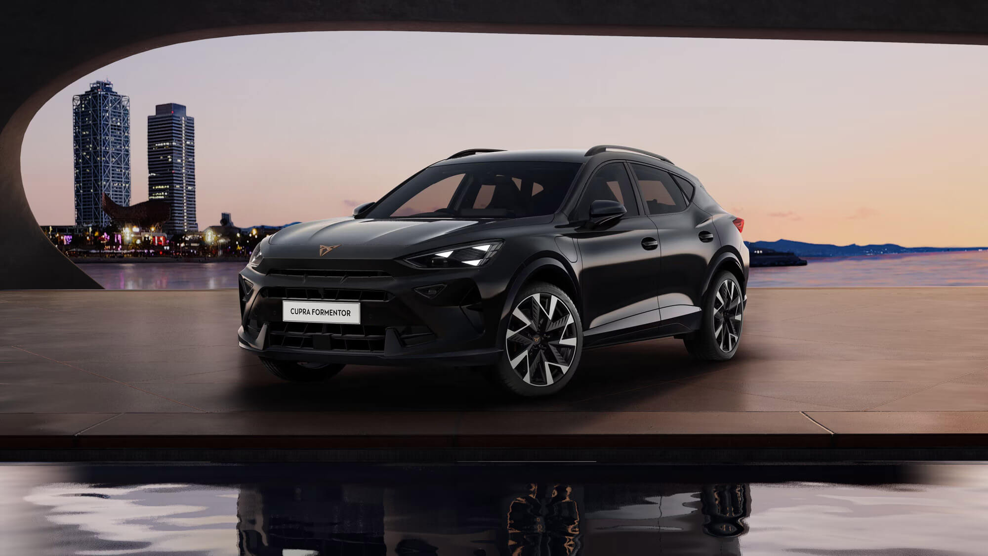 Front 3/4 render of a CUPRA Midnight Black paint finish
