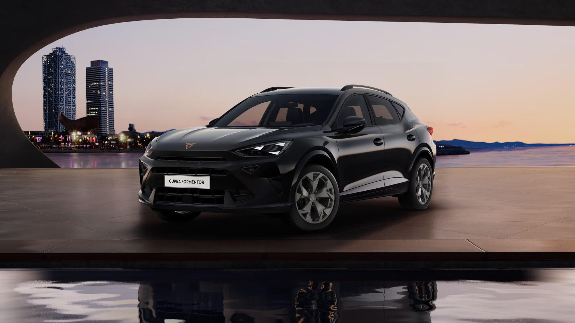 Front 3/4 render of a CUPRA Midnight Black paint finish