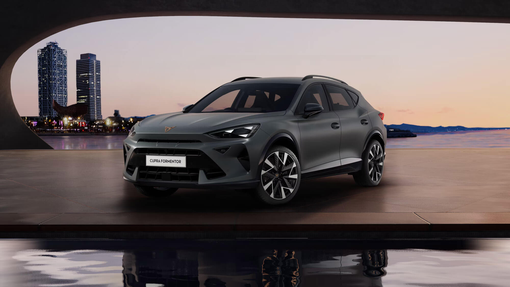 Front 3/4 render of a CUPRA Enceladus Grey Matte paint finish