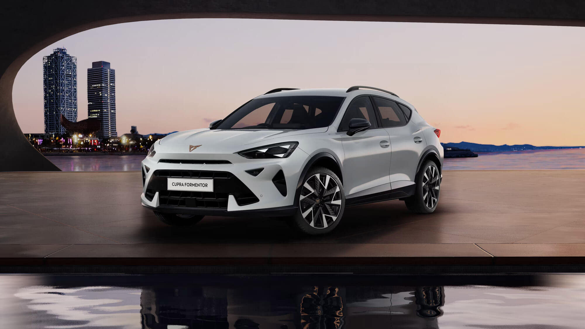 Front 3/4 render of a CUPRA Glacial White paint finish