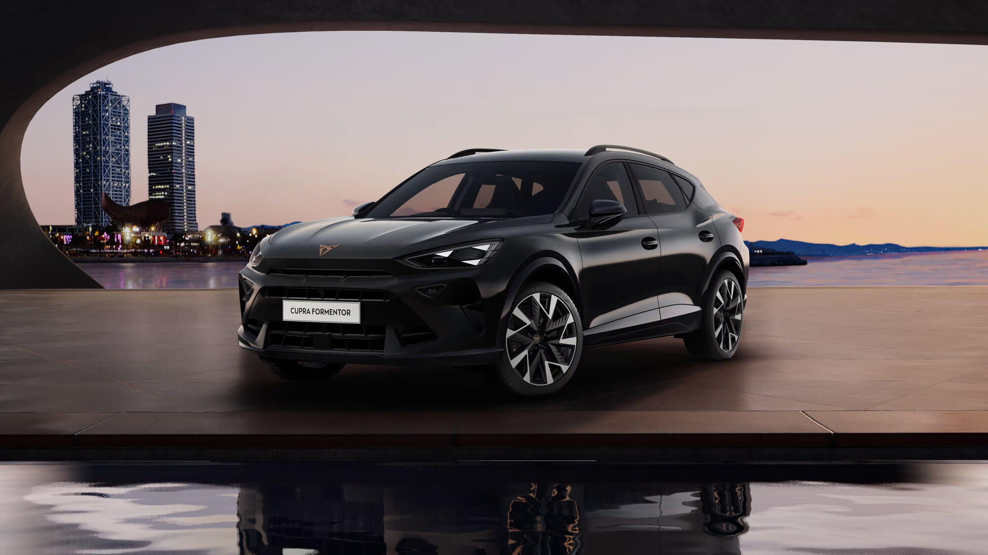 Front 3/4 render of a CUPRA Midnight Black paint finish