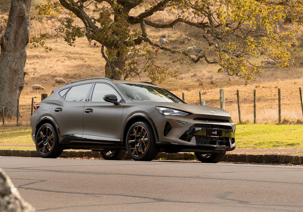 Bronze CUPRA formentor parked on a country road infront of hills
