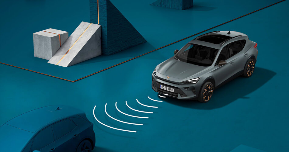 Graphic showing an SUV scanning the car in front of it