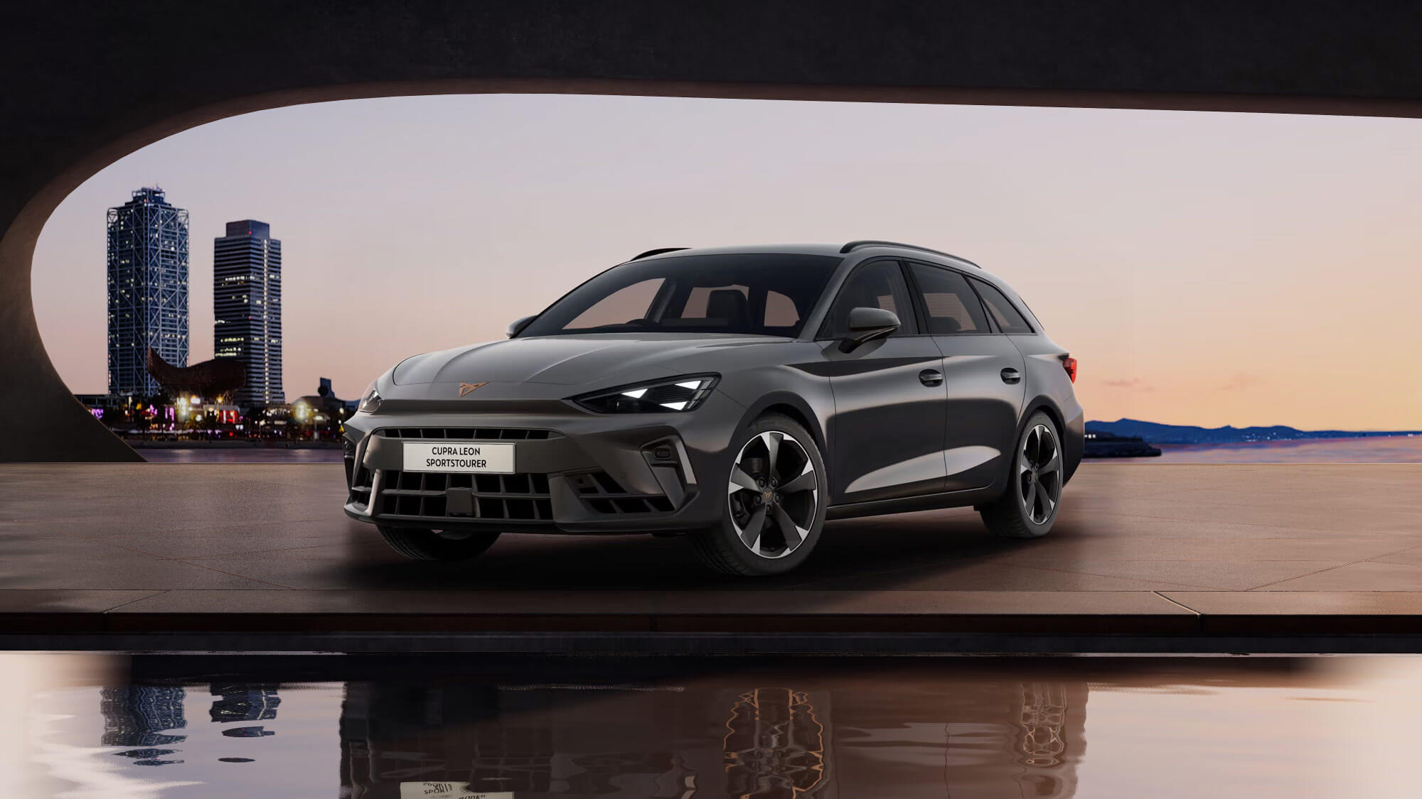 Front 3/4 render of a CUPRA Graphene Grey paint finish