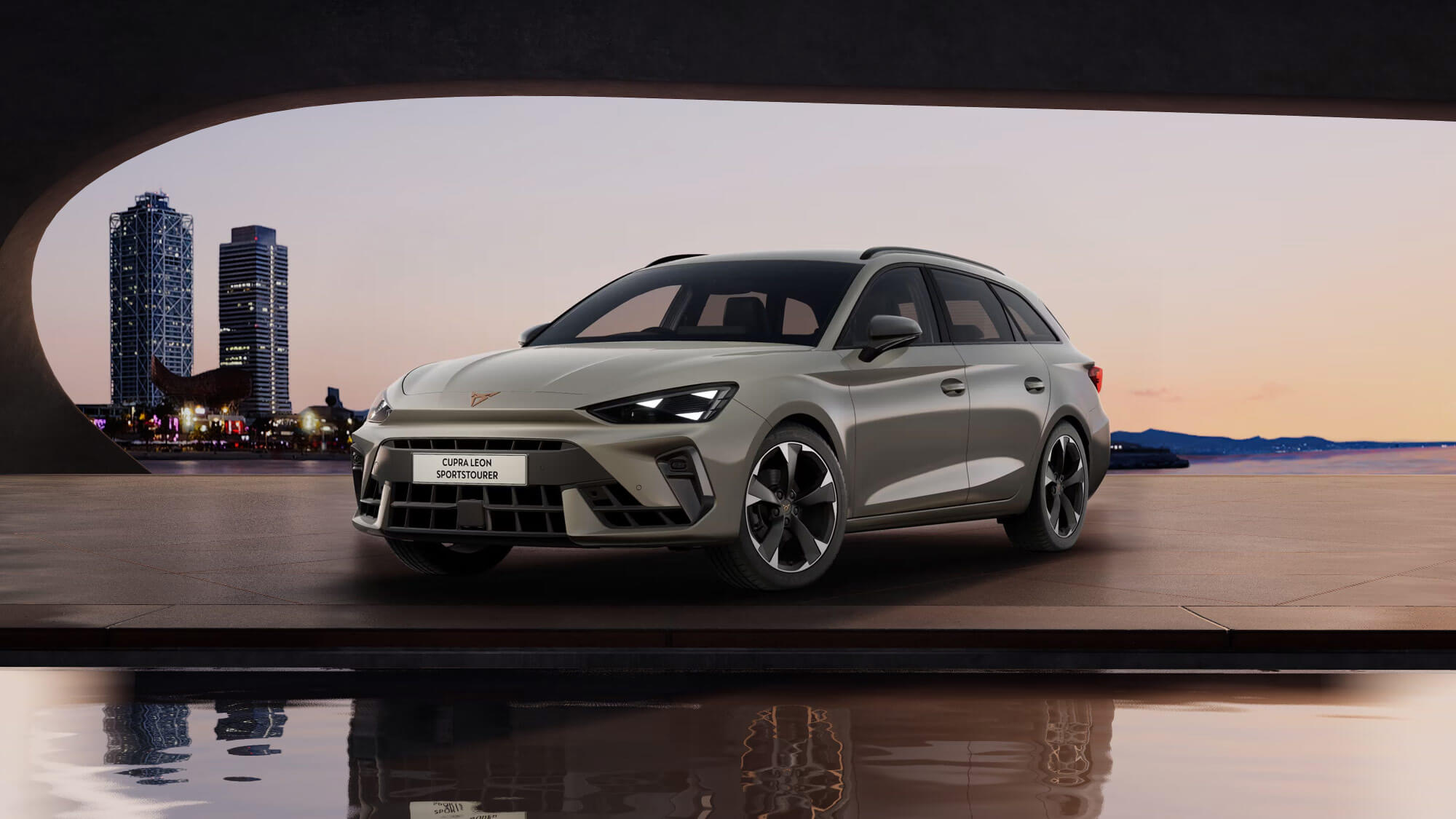 Front 3/4 render of a CUPRA Taiga Grey paint finish