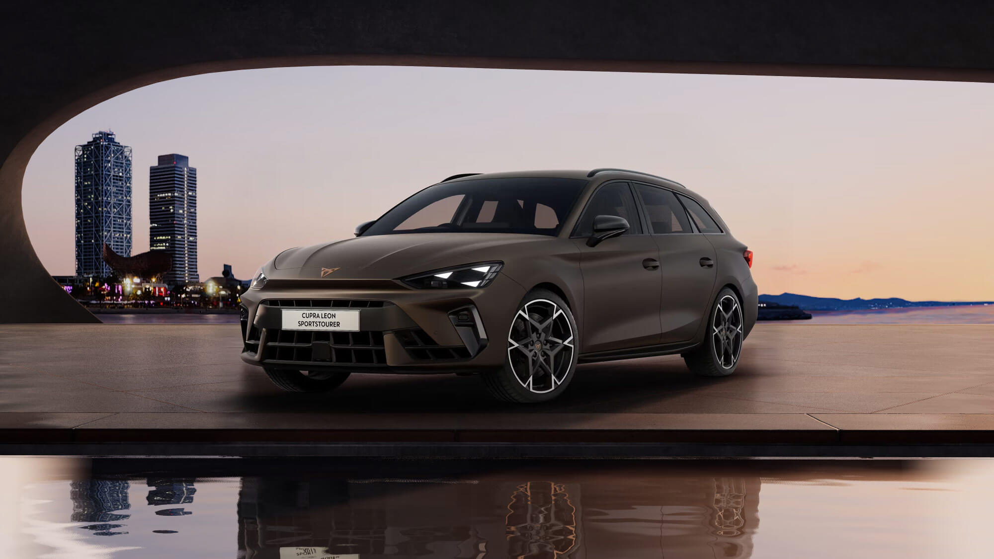 Front 3/4 render of a CUPRA Century Bronze Matte paint finish