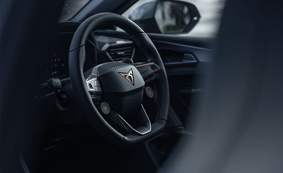Close-up of a right-hand drive steering wheel
