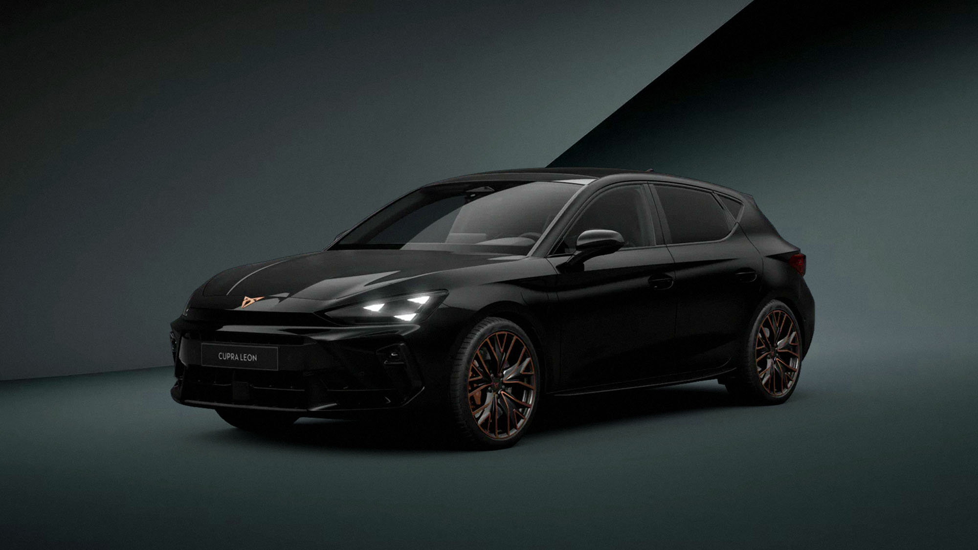 Front 3/4 render of a CUPRA Midnight Black paint finish