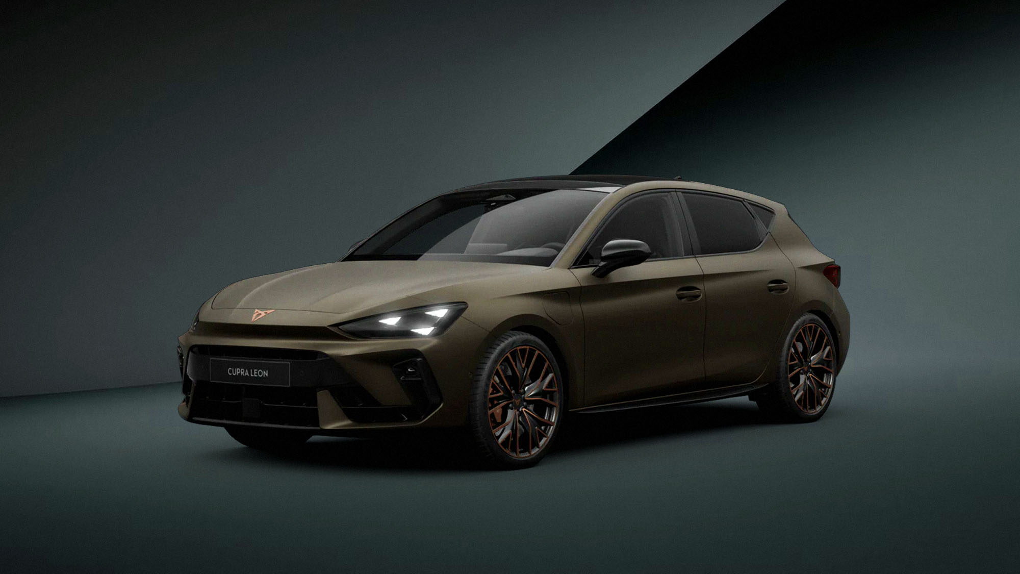 Front 3/4 render of a CUPRA Century Bronze Matte paint finish