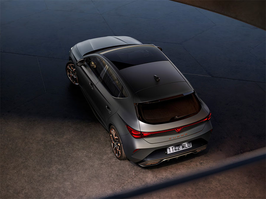 Upper rear-view of the CUPRA Leon, showcasing its exterior design lines.
