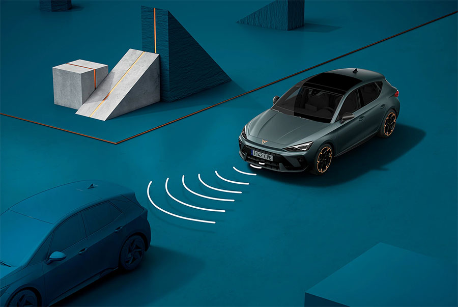 Overhead view of a grey CUPRA Leon demonstrating Predictive Cruise Control with sensor waves projected toward a vehicle ahead.