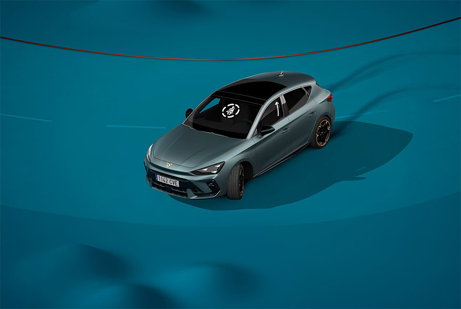 Overhead graphic of a grey CUPRA Leon driving on a dark teal track with subtle motion lines to indicate Pre-Crash Assist activation. 
