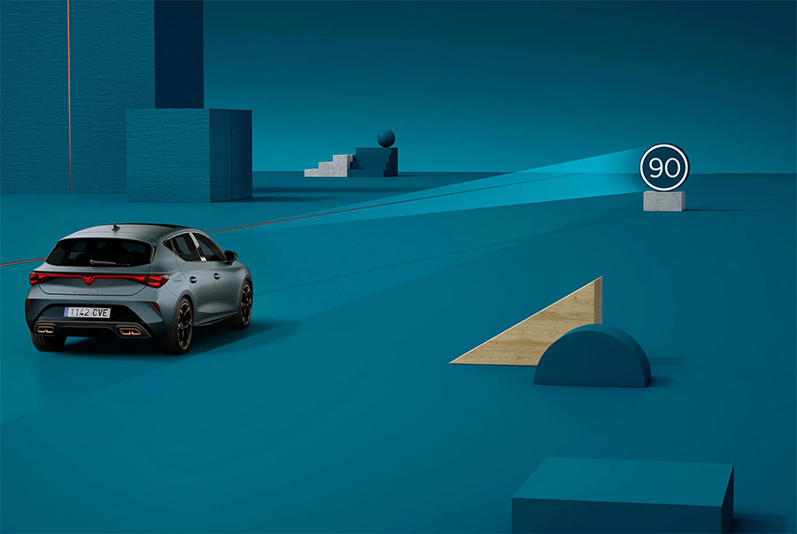 Overhead graphic of a grey CUPRA Leon driving on a dark teal track with subtle motion lines to indicate Pre-Crash Assist activation.