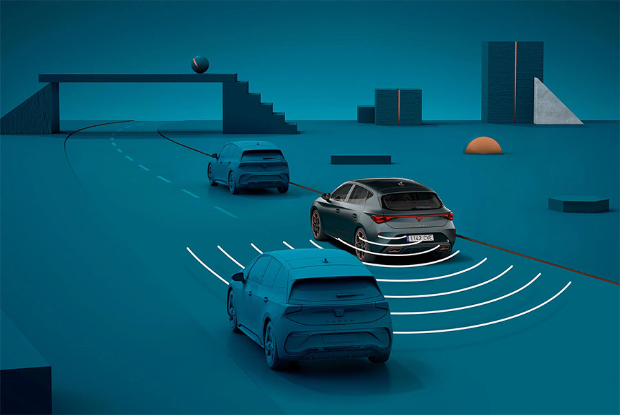 An aerial view of a grey CUPRA Leon showing side and rear sensor arcs active as other cars navigate surrounding lanes.