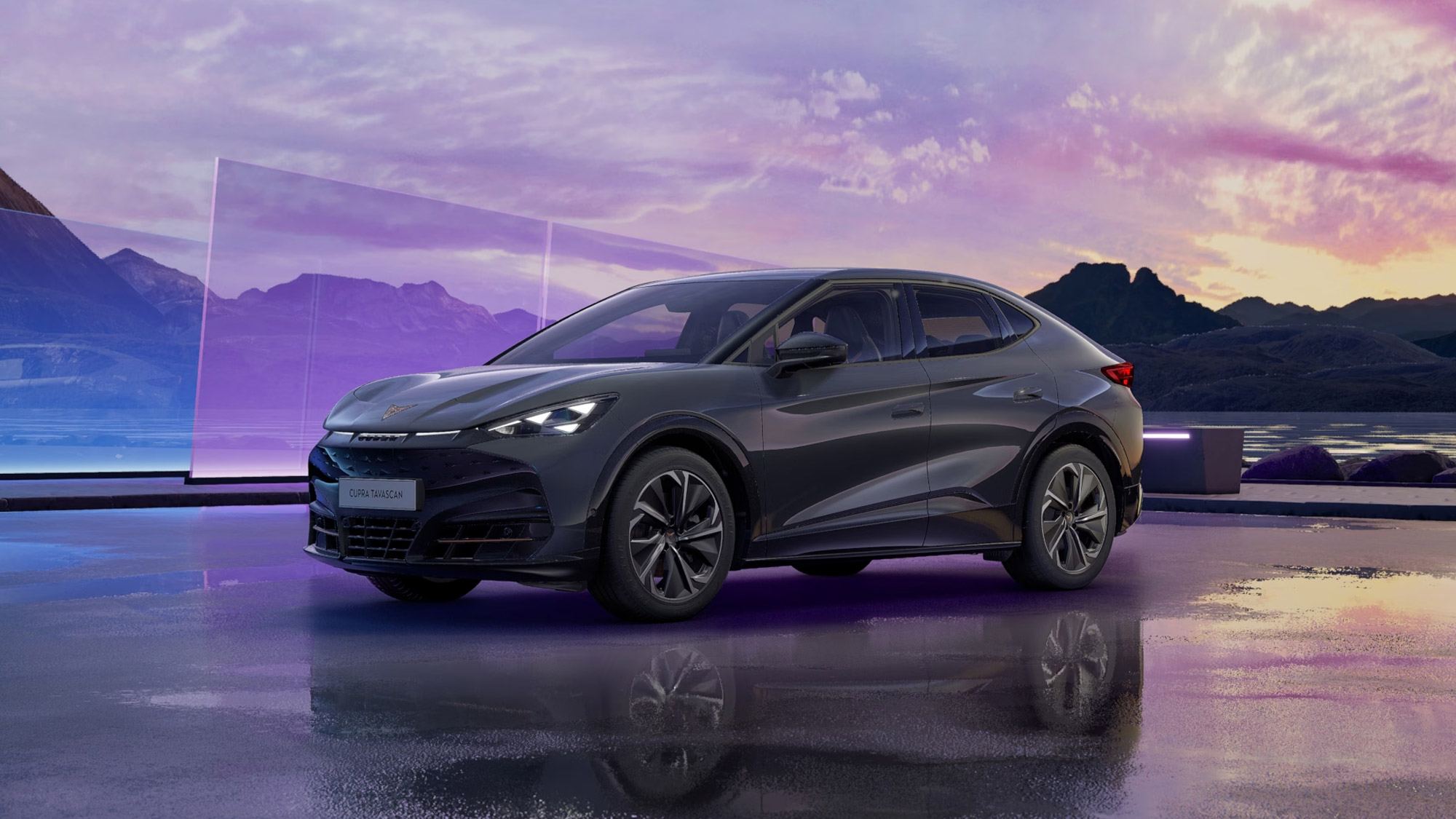 Front 3/4 render of a CUPRA Basalt Grey paint finish