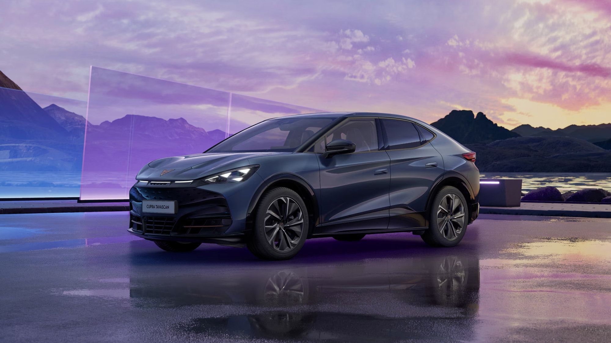 Front 3/4 render of a CUPRA Tavascan Blue paint finish