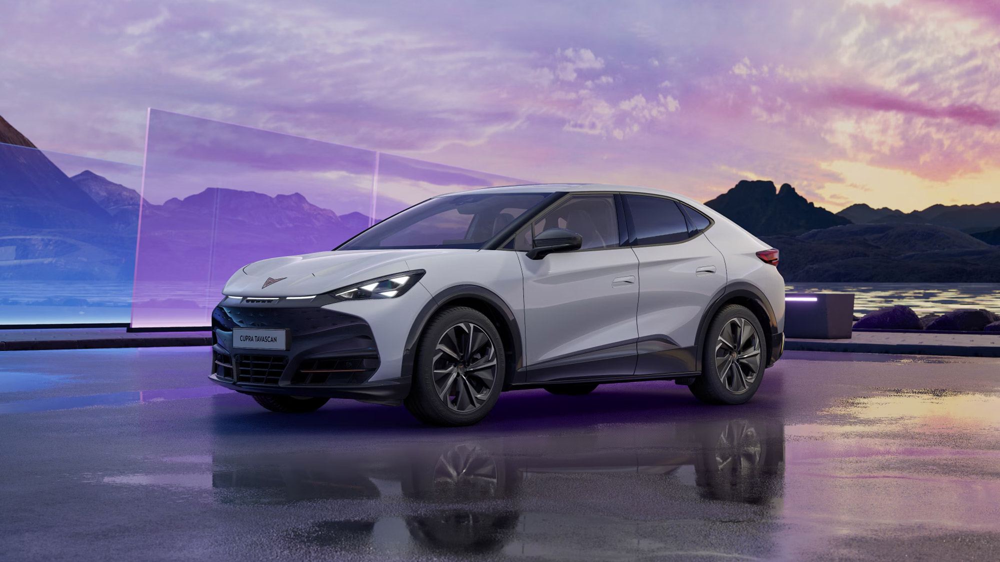 Front 3/4 render of a CUPRA White Silver paint finish