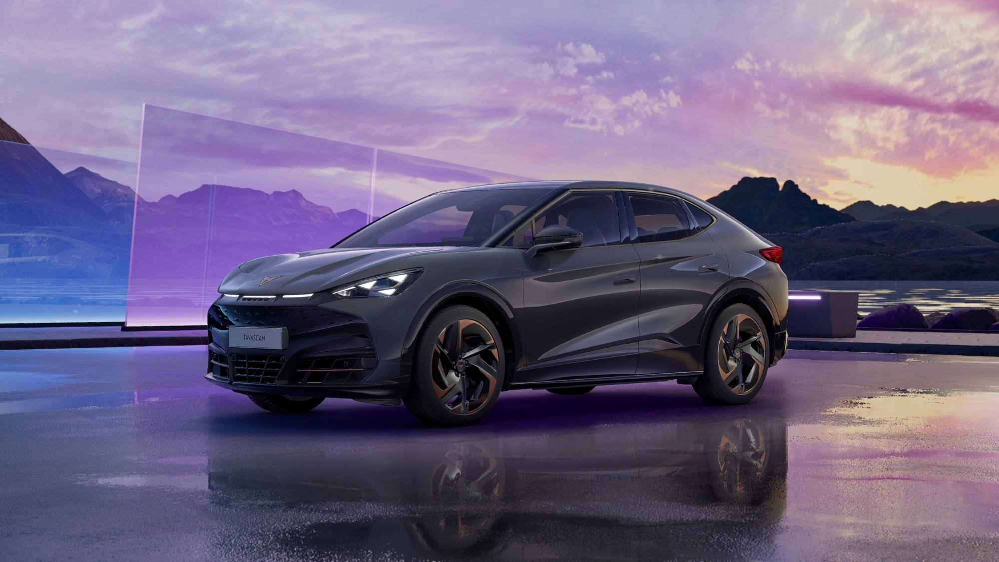 Front 3/4 render of a CUPRA Basalt Grey paint finish