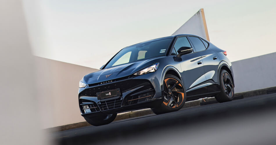 Angled photo of a blue CUPRA Tavascan