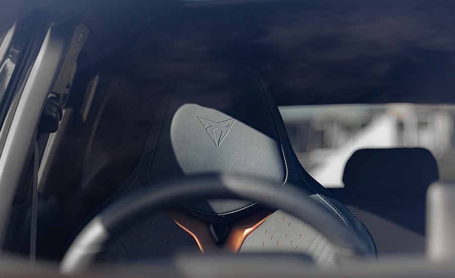 Close-up of a CUPRA headrest with copper accents