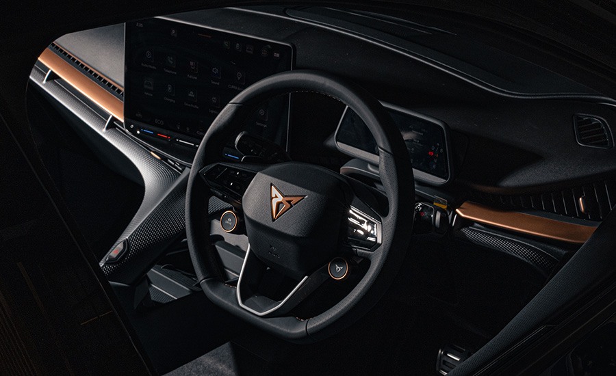 Close-up of a right hand drive interior of CUPRA sports car