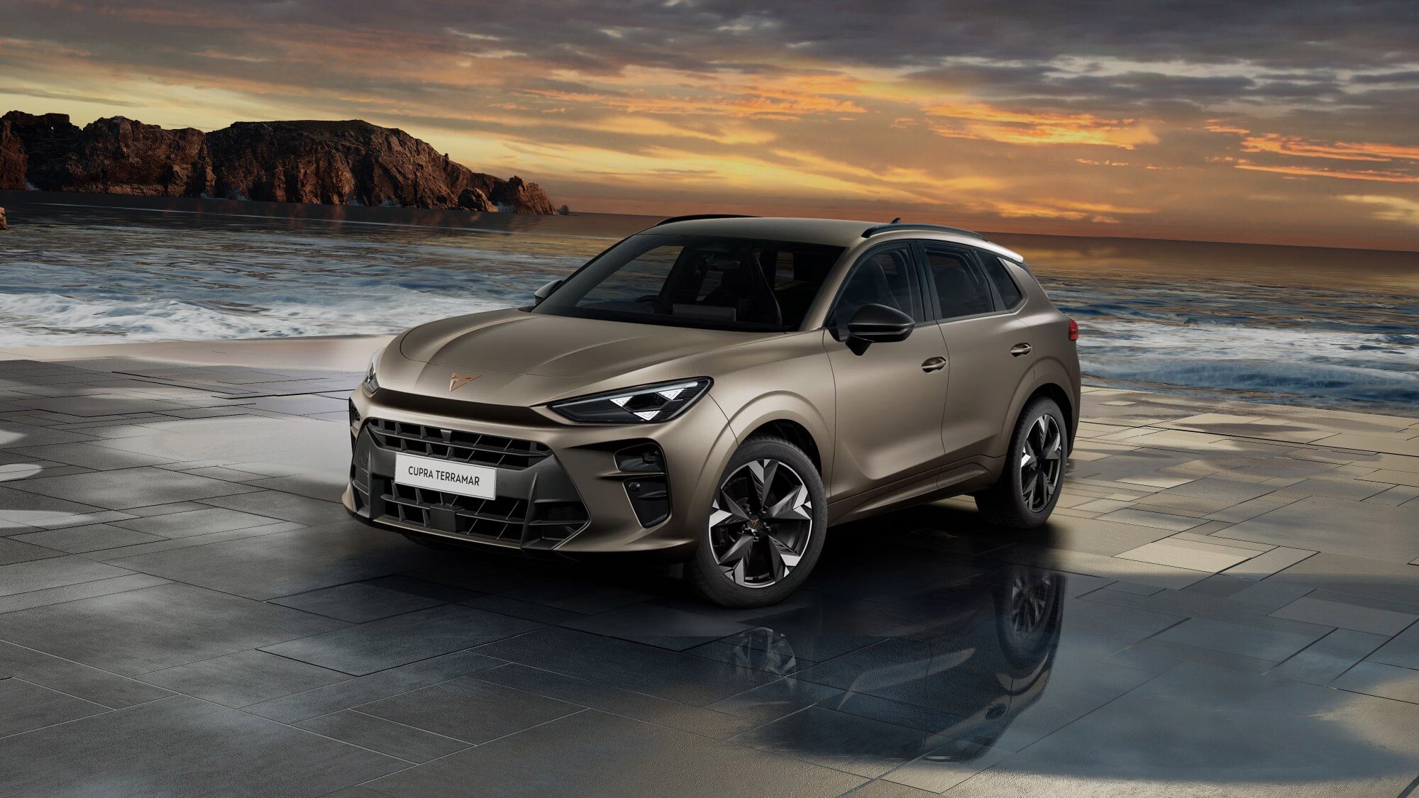 Front 3/4 render of a CUPRA Century Bronze Matte paint finish