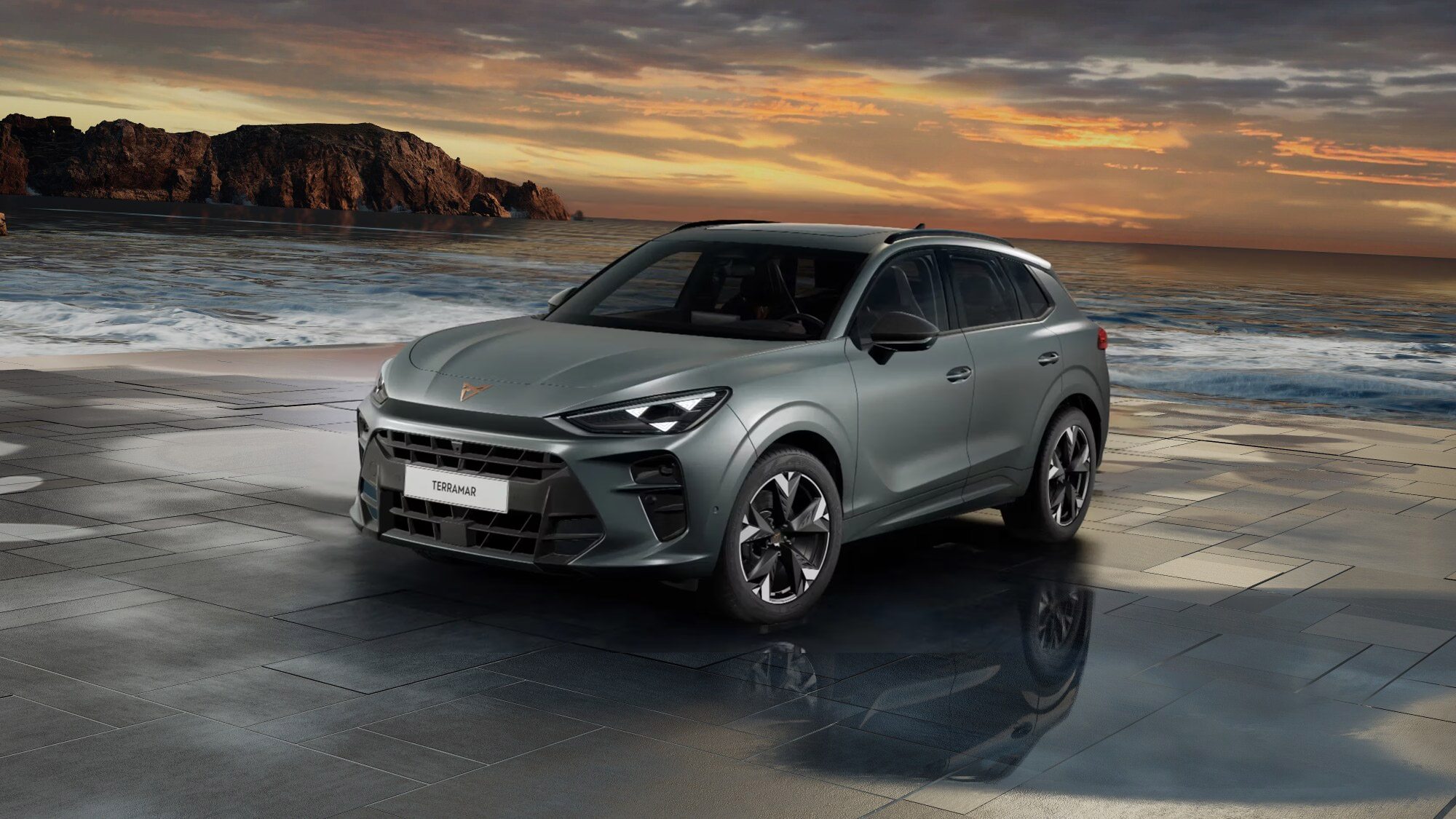 Front 3/4 render of a CUPRA Enceladus Grey Matte paint finish