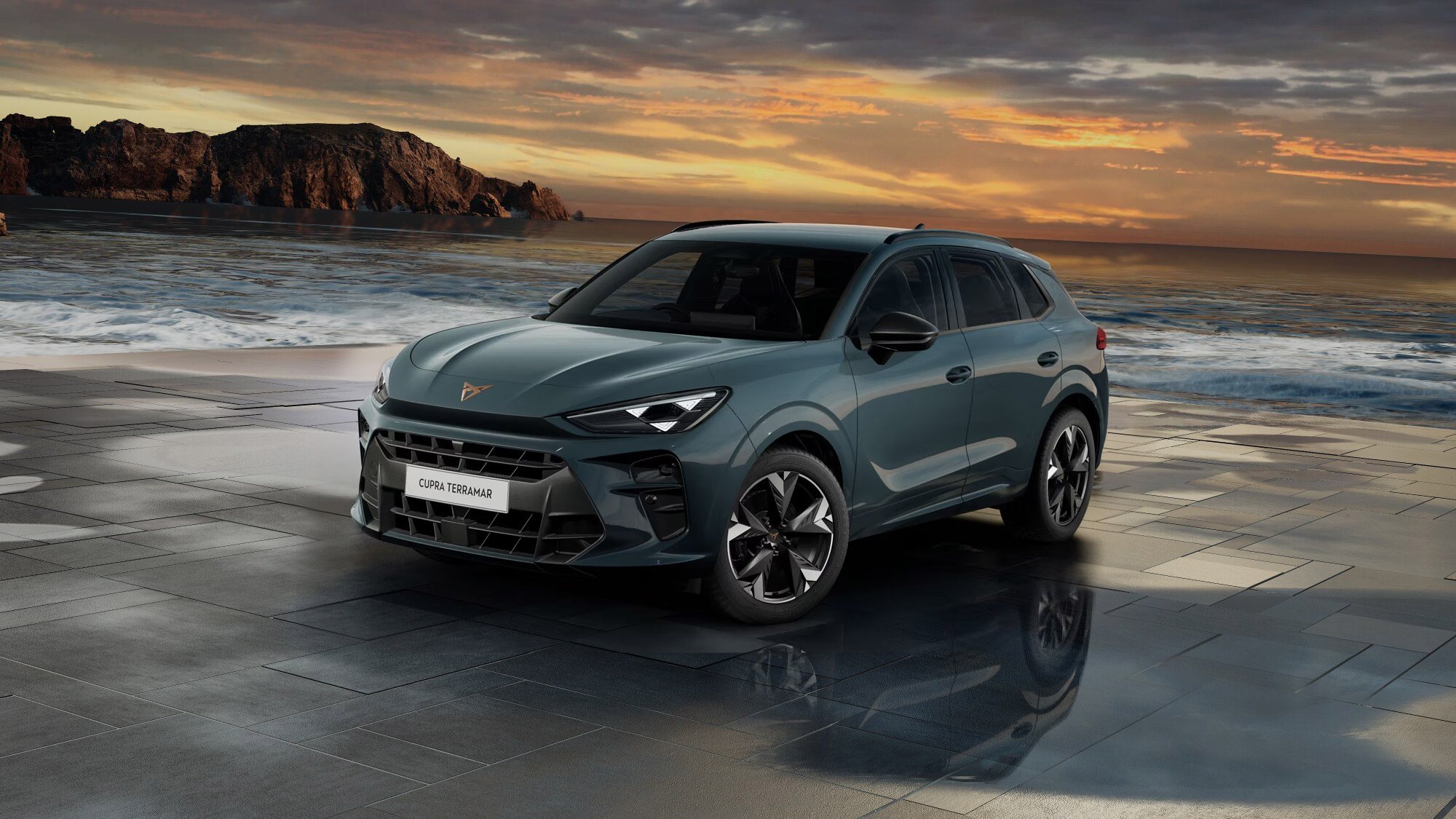 Front 3/4 render of a CUPRA Fiord Blue paint finish