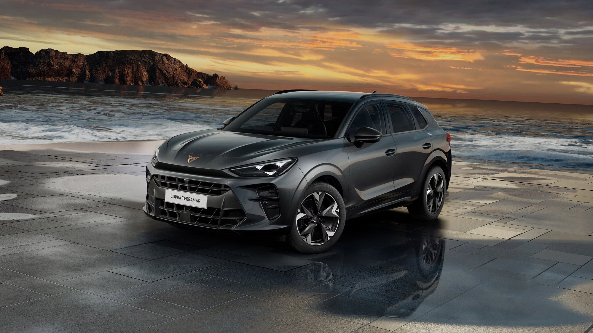 Front 3/4 render of a CUPRA Timanfaya Grey paint finish