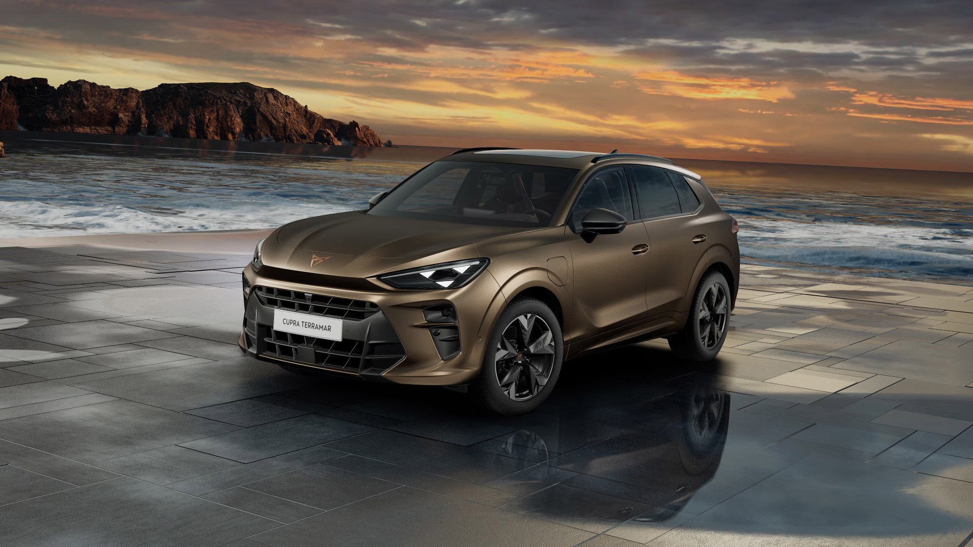 Front 3/4 render of a CUPRA Century Bronze Matte paint finish