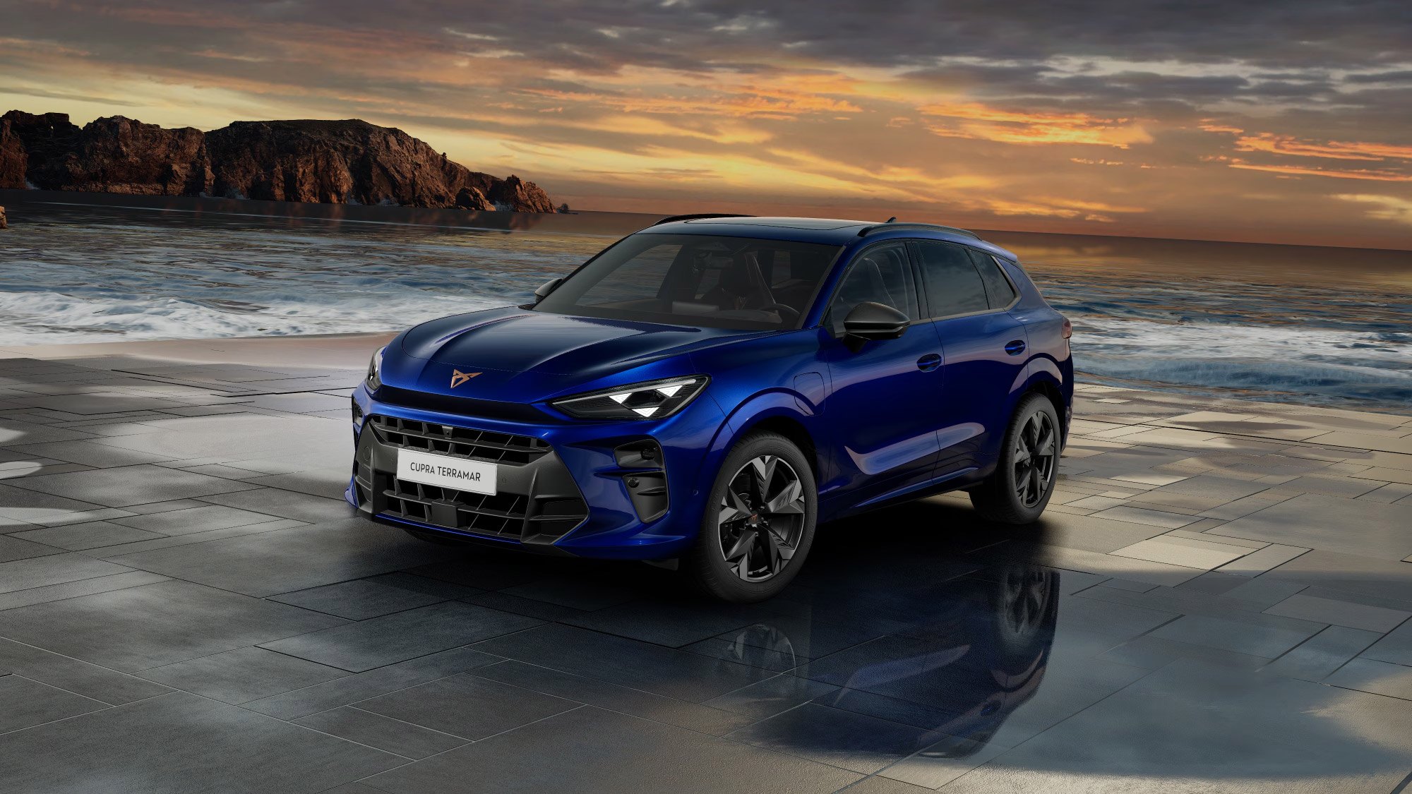 Front 3/4 render of a CUPRA Cosmos Blue paint finish
