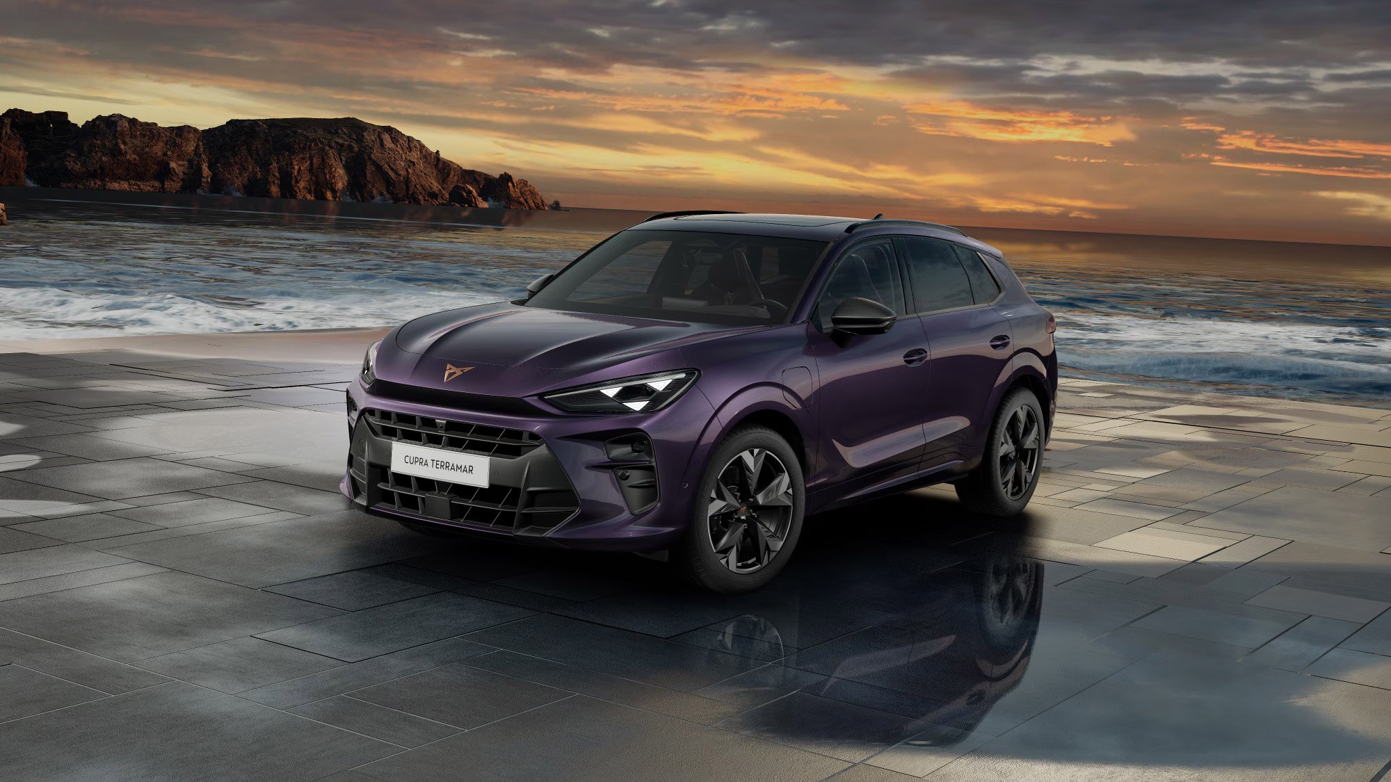 Front 3/4 render of a CUPRA Dark Void paint finish