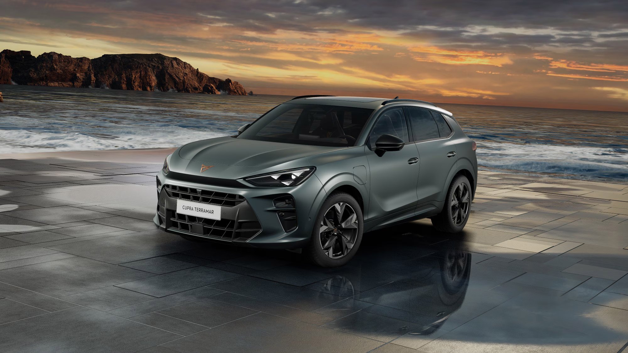 Front 3/4 render of a CUPRA Enceladus Grey Matte paint finish