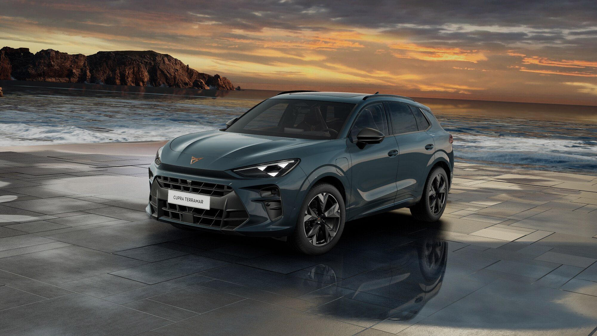 Front 3/4 render of a CUPRA Fiord Blue paint finish