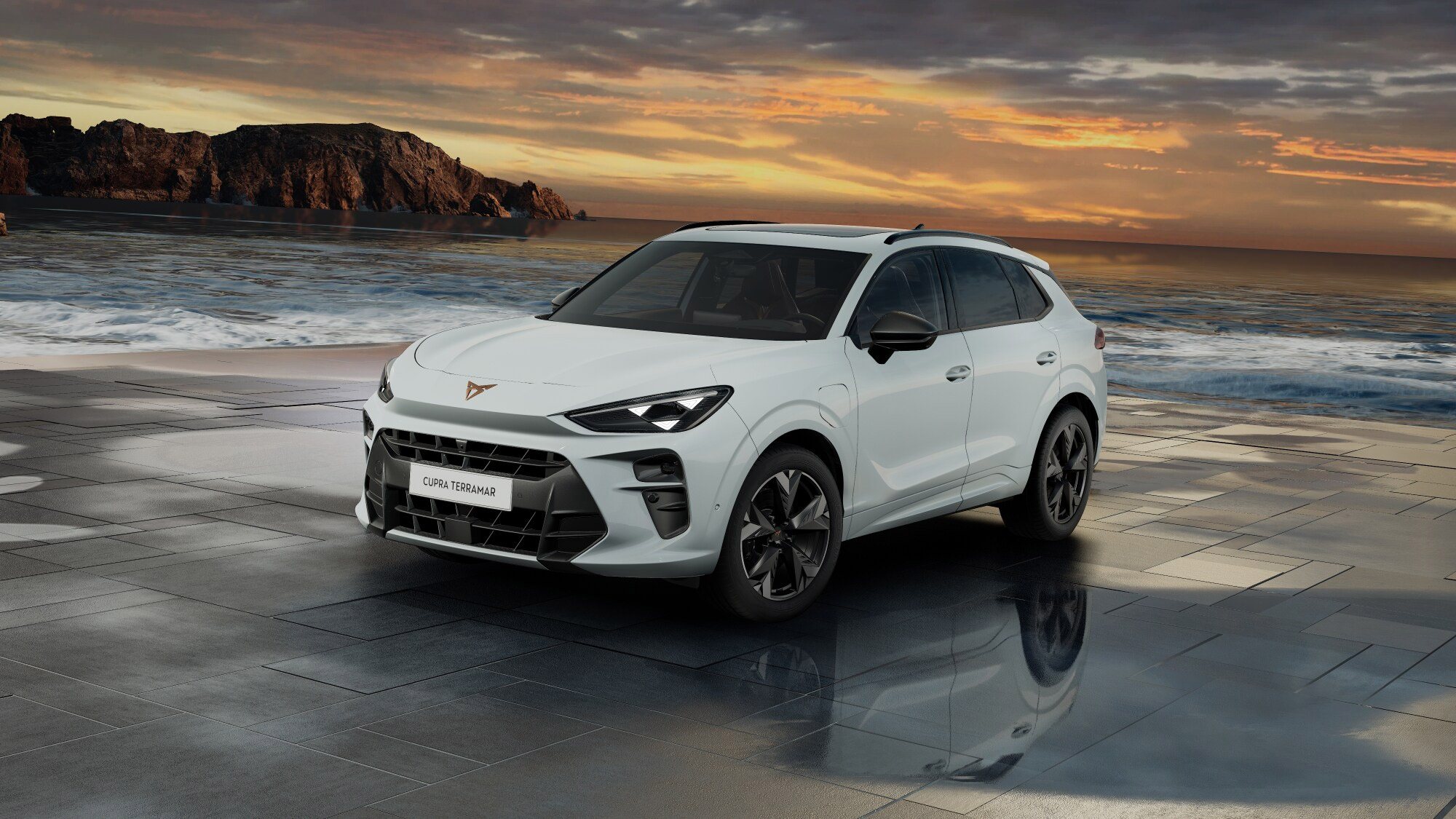 Front 3/4 render of a CUPRA Glacial White paint finish