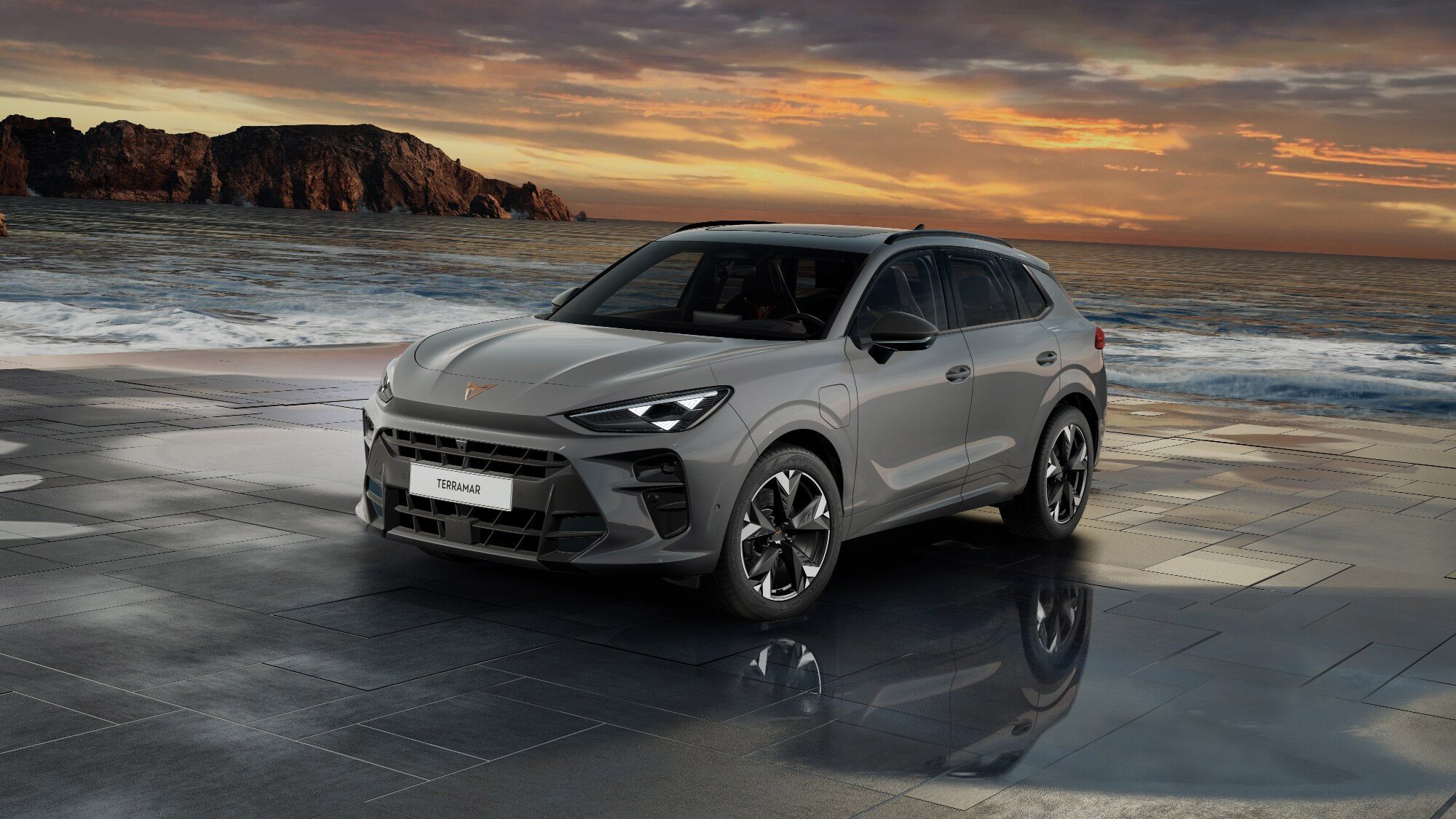 Front 3/4 render of a CUPRA Graphene Grey paint finish