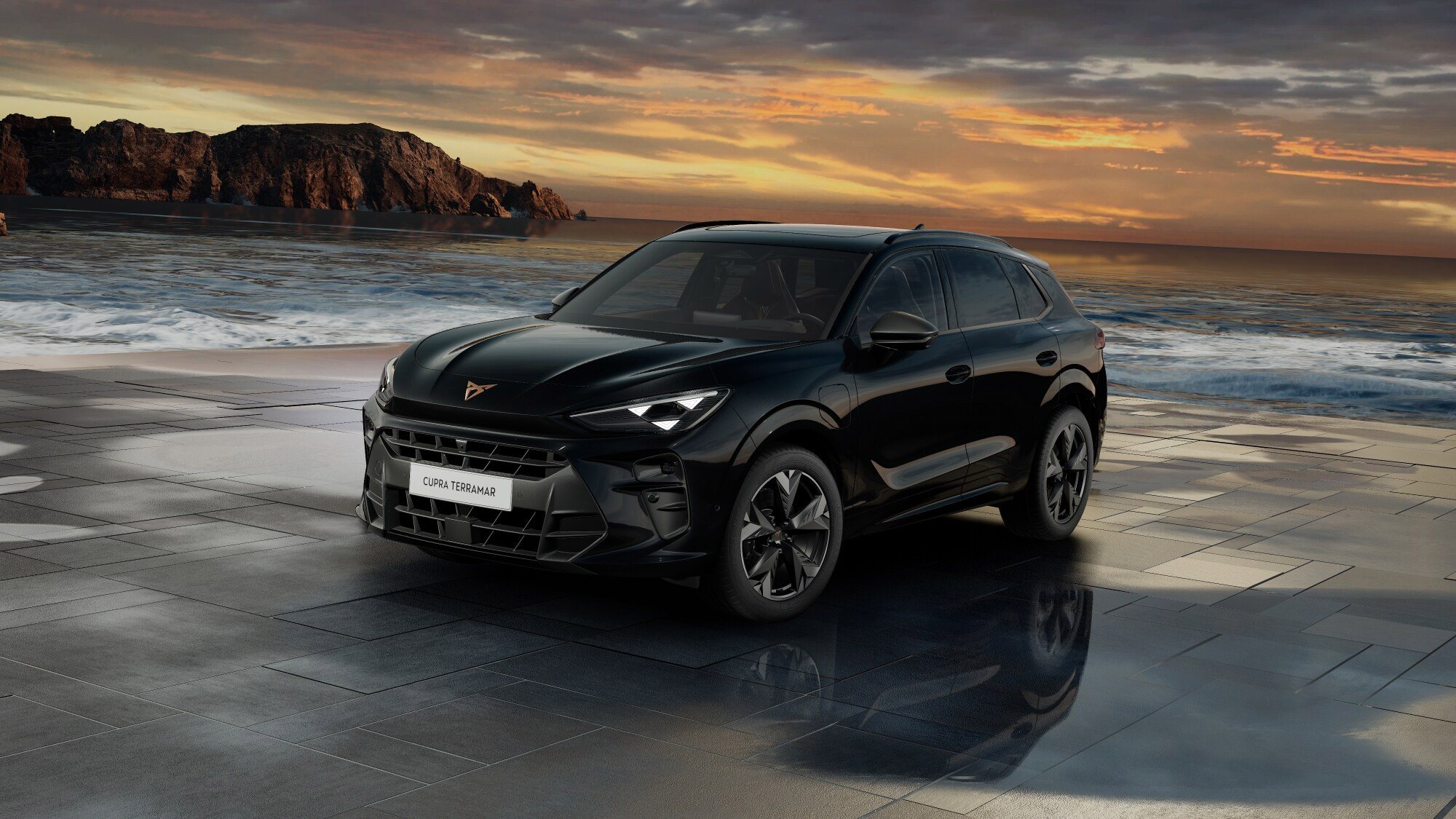 Front 3/4 render of a CUPRA Midnight Black paint finish