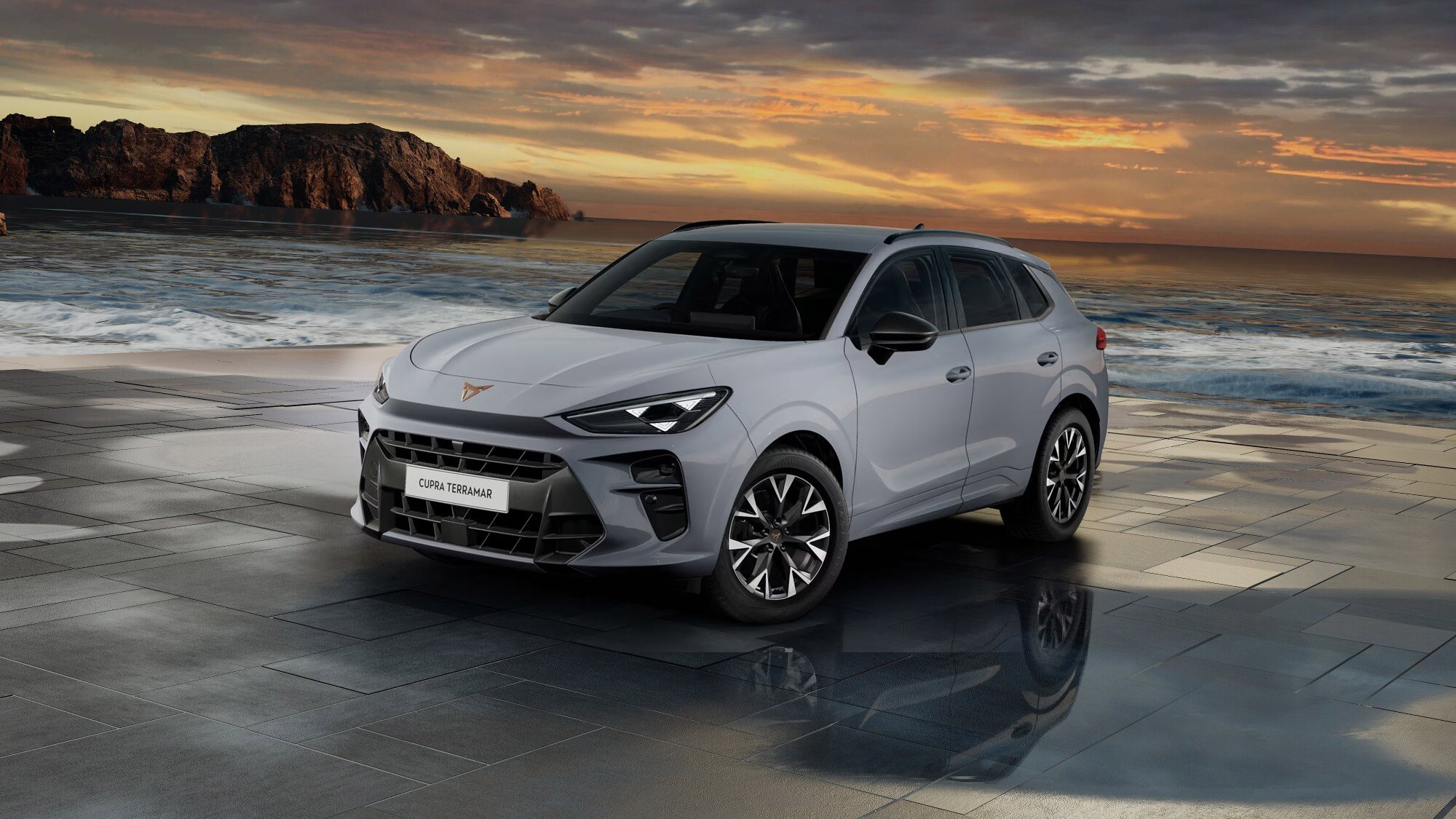 Front 3/4 render of a CUPRA Graphene Grey paint finish
