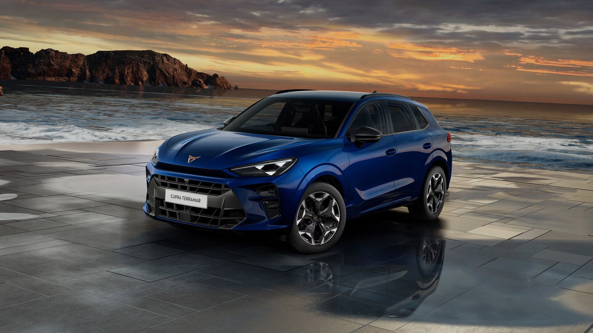 Front 3/4 render of a CUPRA Cosmos Blue paint finish