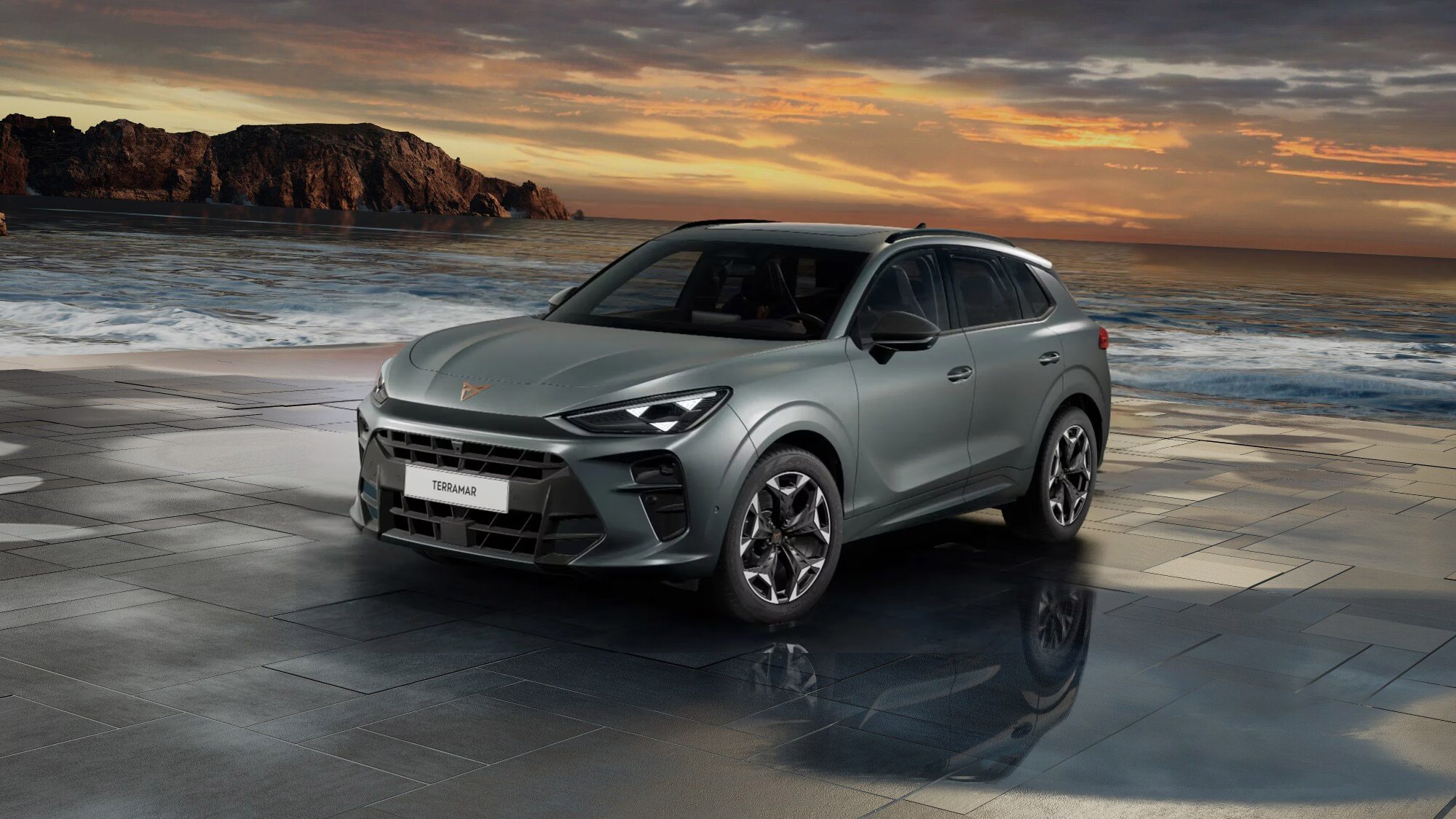 Front 3/4 render of a CUPRA Enceladus Grey Matte paint finish