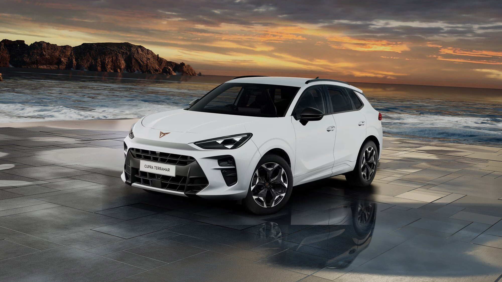 Front 3/4 render of a CUPRA Glacial White paint finish