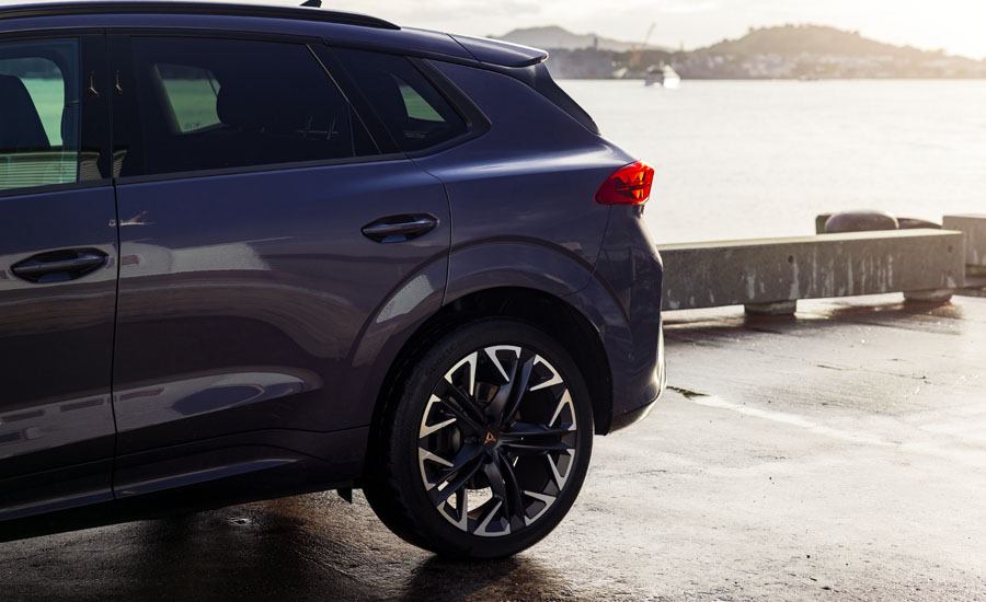 Rear silver alloy wheel on a CUPRA sports SUV