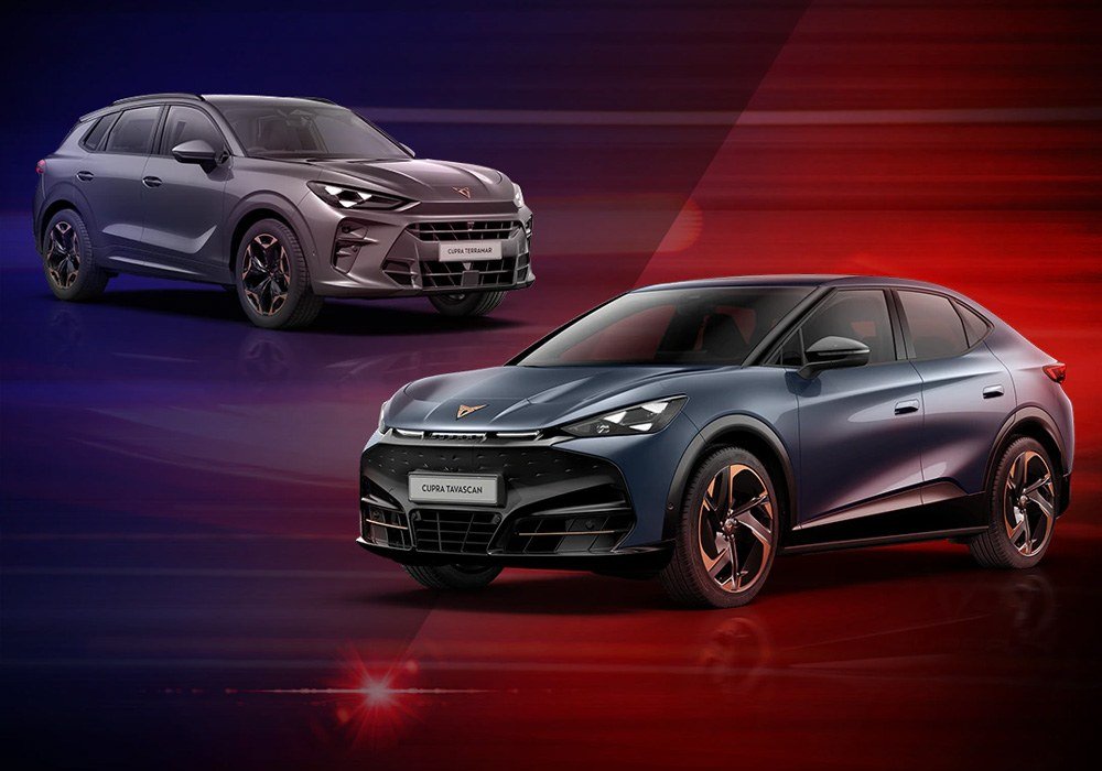 Two CUPRA sports cars on a black and red abstract background