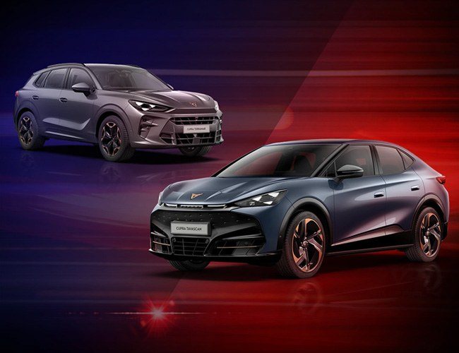 Two CUPRA sports cars on a black and red abstract background