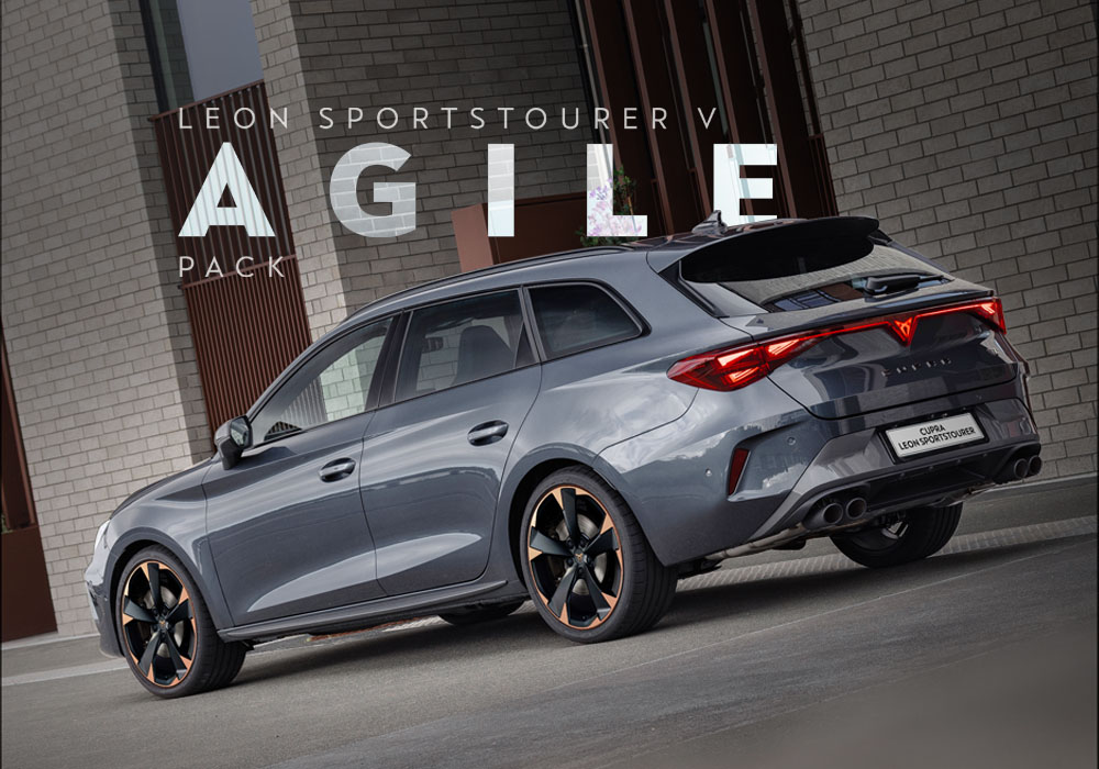 rear of a CUPRA Leon Sportstourer with Agile pack words behind it