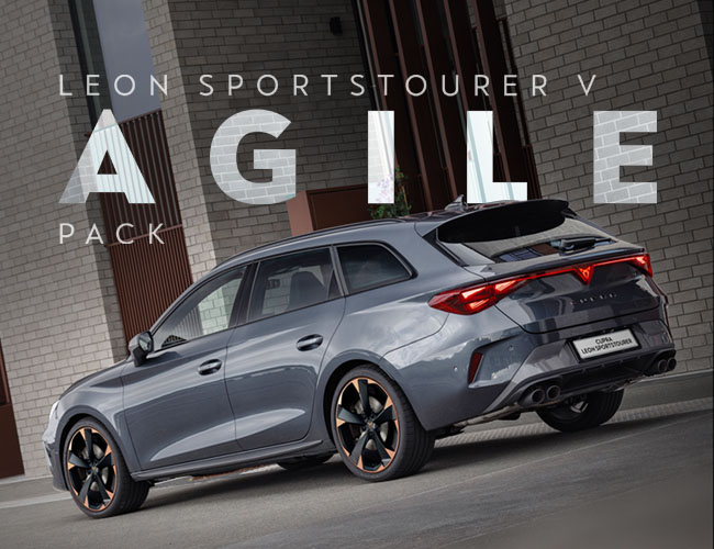 rear of a CUPRA Leon Sportstourer with Agile pack words behind it