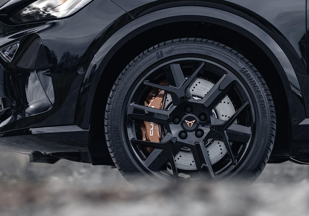 Black finished alloy wheels on a CUPRA Formentor with Bridgestone tyres